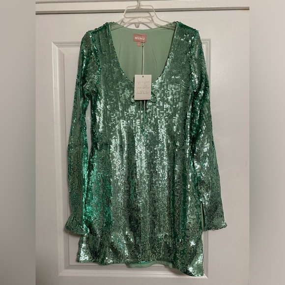 Mumu Matilda Aqua Sequin Mini Dress - Picture 2 of 6